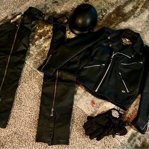 Harley Davidson Black Leather Motorcycle Jacket and Chaps Set Bundle